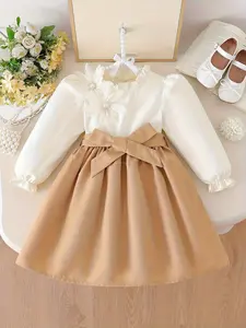 Girls' Colorblock Floral Dress, French Style, Peterpan Collar, Bubble Sleeves, Embossed Mesh Flowers, Large Bow Waist, 4-7 Years