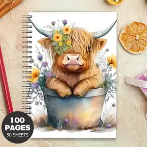 Highland Cow Design Spiral Notebook Journal, 1 Count Cute Flower Pattern, Personal Planning and Life Record Book, Suitable for Gifting