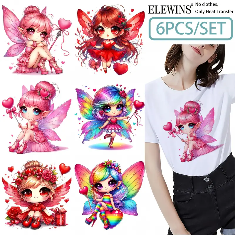 6 Pieces Fairy Valentine's Day Iron-on Transfers - Heat Transfer Decals, Iron-on for Clothing, Backpacks, Denim Fabrics, Fun Home Craft Decoration Stickers, DIY Craft Decor, Suitable for Holiday Costumes, Cosplay, Fashion Design.