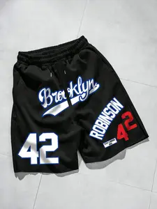 1pc Men's Black Brooklyn Baseball Shorts Jackie Robinson 42 Graphic Print Mesh Breathable Gym Shorts Retro Athletic Hip Hop Streetwear Summer Bottoms