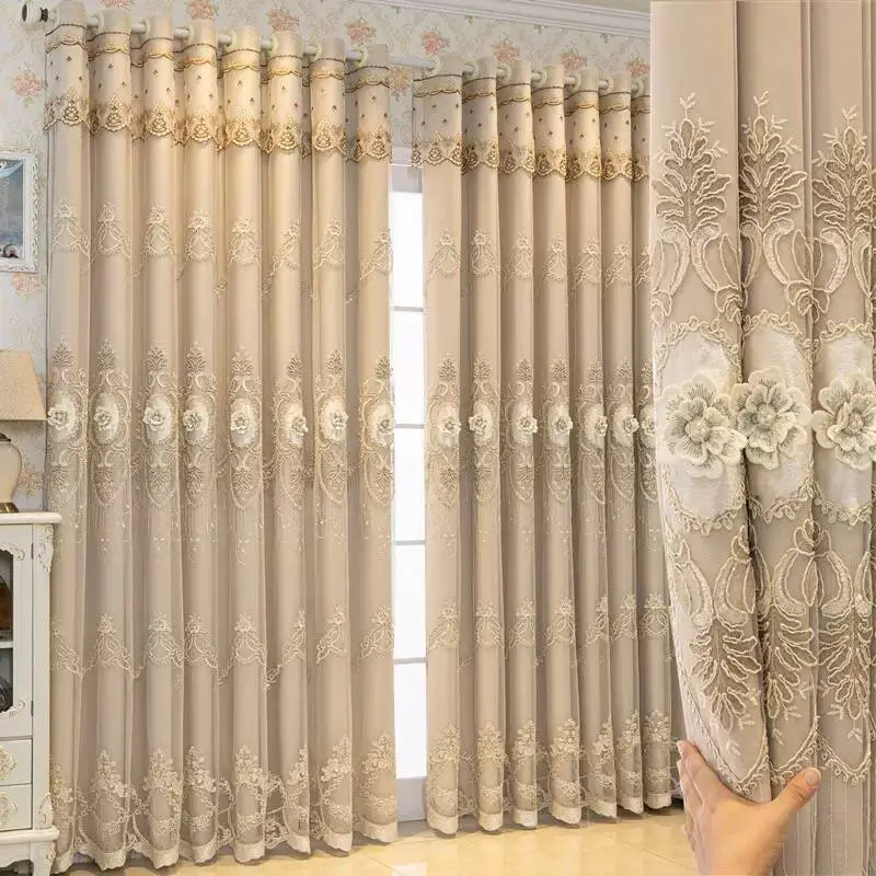 1pc European Style Double Layer Curtain, Top Layer With Embroidered Lace Decor And Attached Valance, Bottom Layer Blackout Polyester Fabric, Solid Color, Suitable For Home Decor, Home Decoration Curtain, Home Decorative Curtain