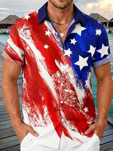 Men's American Flag Print Short Sleeve Shirt, Collared Shirts, Summer Breathable Casual Vacation Style, Button Front Lapel Daily Wear Top, Menswear