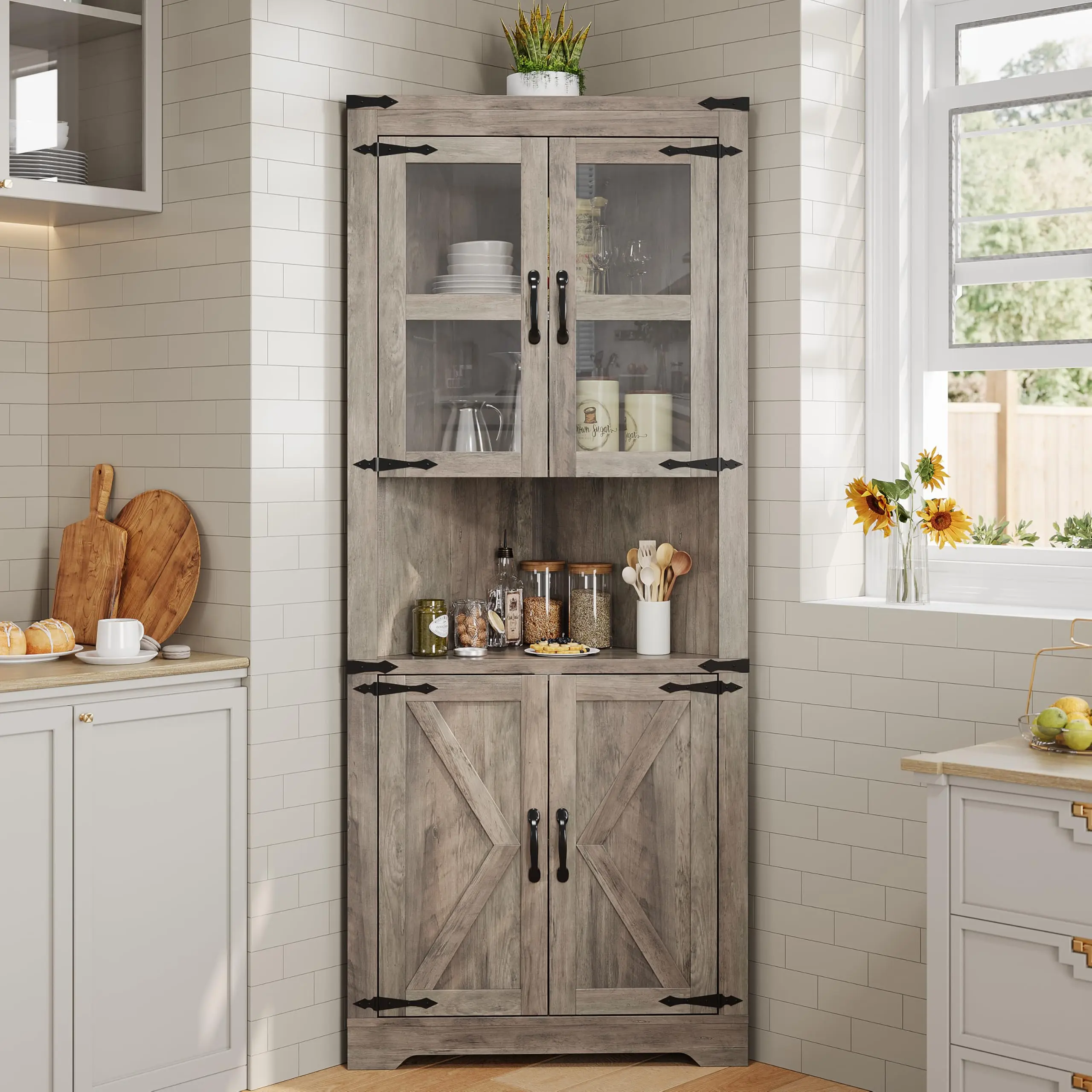 67" Tall Corner Cabinet – Farmhouse Corner Hutch with Glass Door & Adjustable Shelves, Space-Saving Storage for Living Room & Kitchen