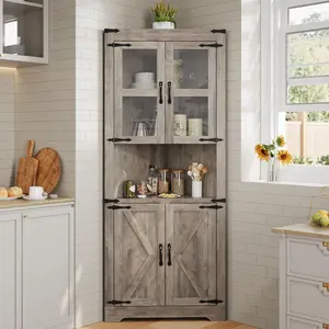 67" Tall Corner Cabinet – Farmhouse Corner Hutch with Glass Door & Adjustable Shelves, Space-Saving Storage for Living Room & Kitchen