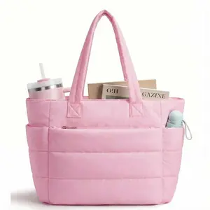 Quilted Down Bags 20L Puffy Quilted Tote Bag for Women, Lightweight Bubble Nylon Laptop Shoulder Bag with Multiple Compartments for Work, Travel, and College