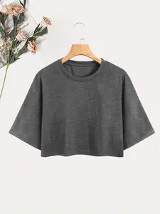 Women's Plain Round Neck Crop Tee, Casual Short Sleeve Crew Neck T-shirt for Summer, Ladies Clothes for Daily Wear, Tops