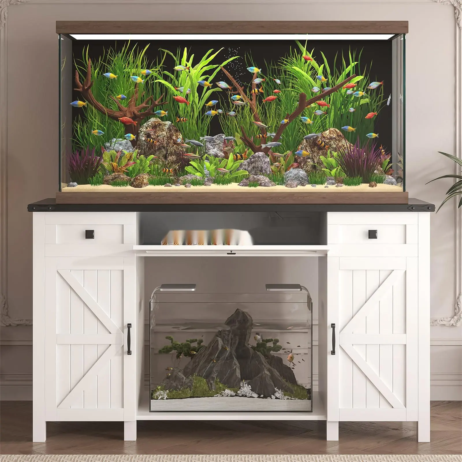 Aquarium Stand White Farmhouse Design Rectangle - 55-75 Gal, 53.5in×19.7in (50-100 cm) Tabletop, Charging Station, 1 Drawer, 2 Doors, Hidden Compartment, Sturdy 900 lbs Heavy Duty Indoor Cabinet with Adjustable Shelf (Above 25 kg) for Fish Tank Owners