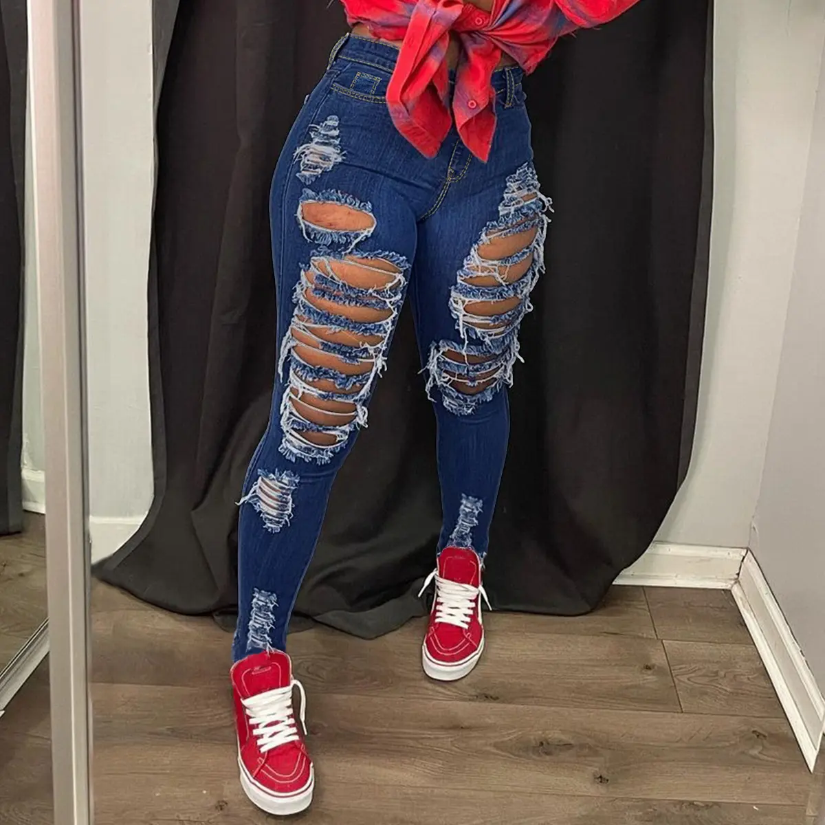 Yzara Women's High-Waisted Fitted Distressed Slim Jeans - Cotton Stretch  Fabric, Belt-Included Ripped Streetwear Bottoms, Comfortable Juniors'  Women's Clothes, Cold Wash, All Seasons (Blue, Green) - TikTok Shop
