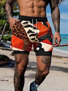 Men's Double Layer Gym Shorts, Summer Sports Shorts, Tropicana Shorts, Animal Pattern Patchwork, Trendy Street Fitness Pants, Sweat-Wicking Sportswear, Drawstring Waist