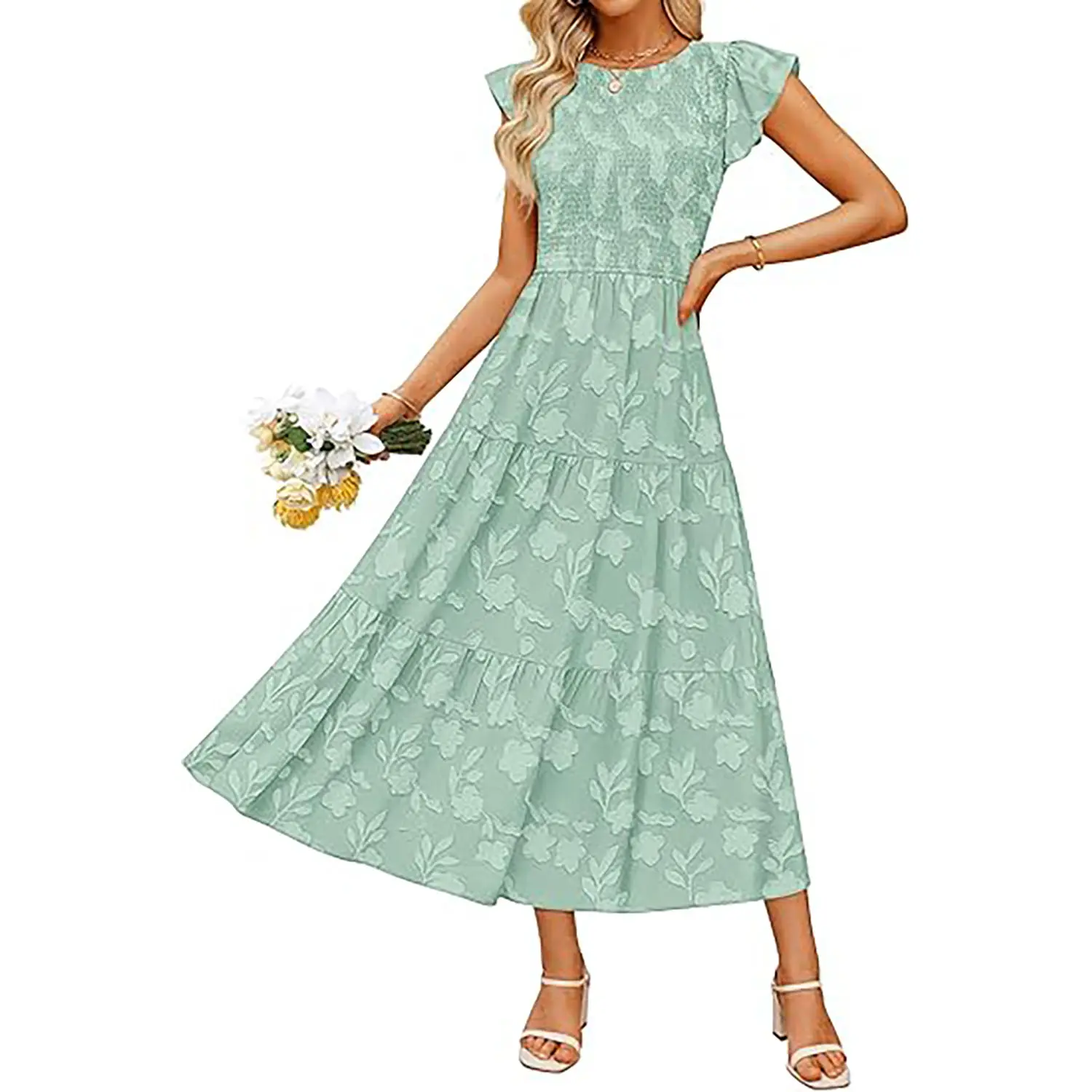 sachin and babi light blue dress ZESICA Women's Summer Boho Floral Midi Dress 2026 Casual Flutter Short  Sleeve Crewneck Smocked Flowy Beach Long Dresses