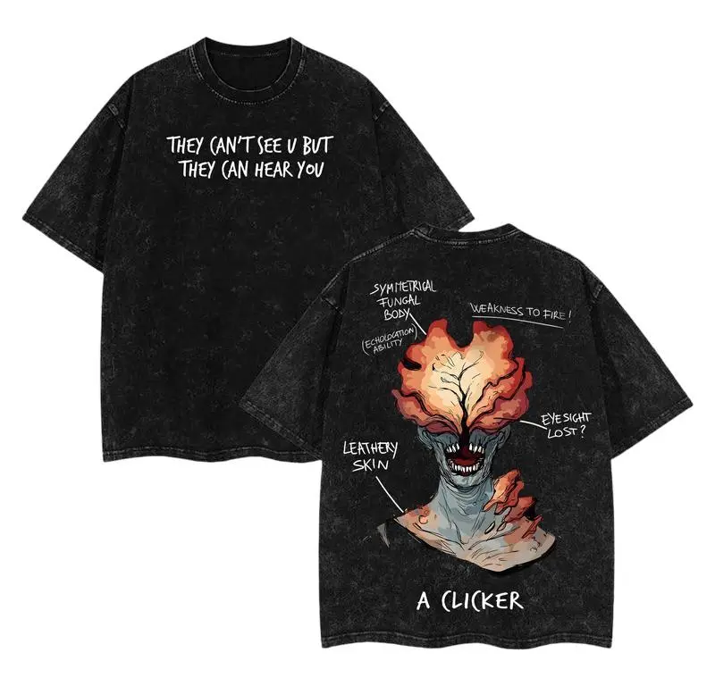 Retro The Last of Us Clicker Vintage Acid Washed Oversized Gamer Graphic Tee for Post-Apocalyptic Game Merch T-Shirt PlayStation Fans