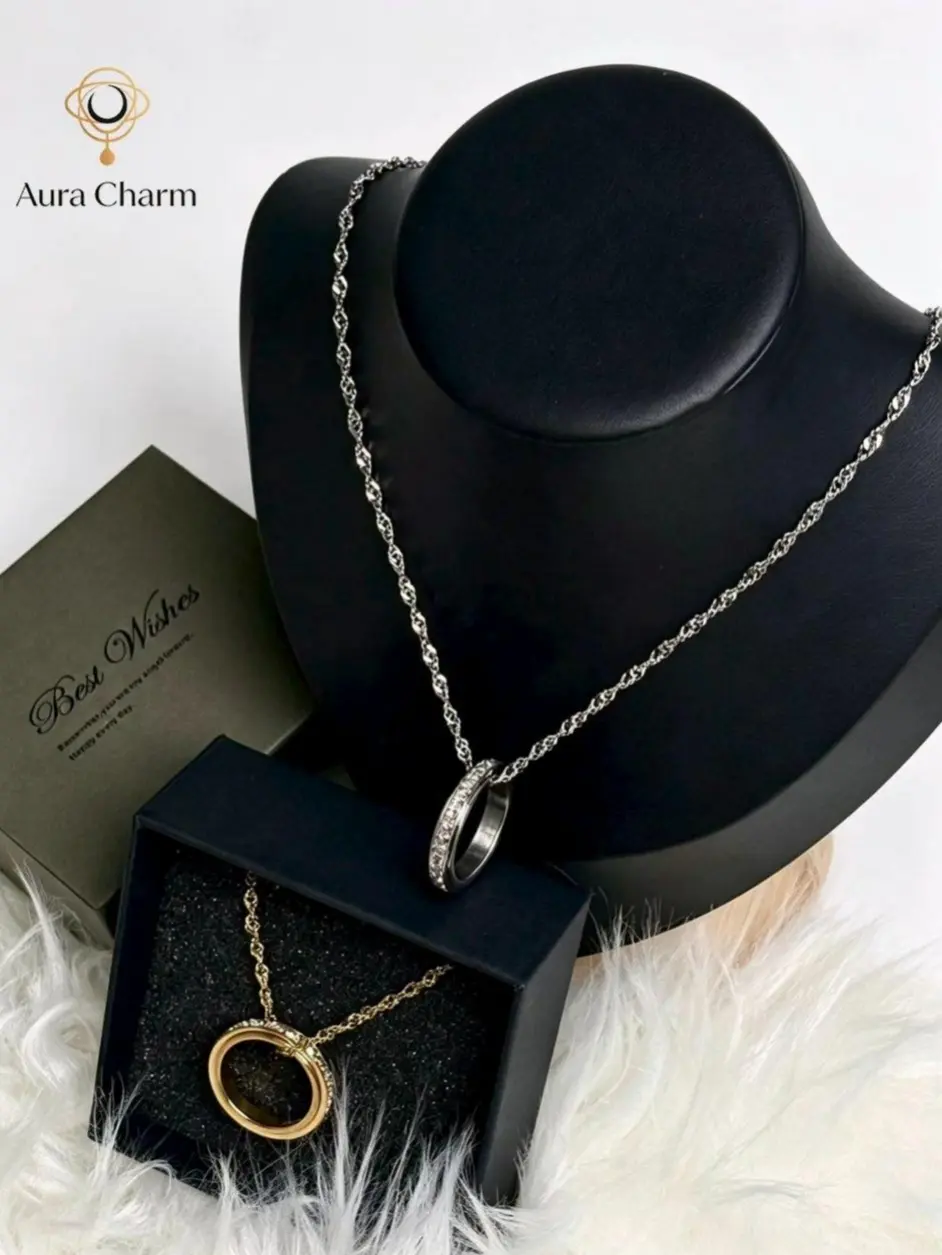 Spinner Ring and Necklace Set, Unisex 2-Tone Anxiety Jewelry with Cubic Zirconia, Detachable Fidget Design with Silent Spin for Daily Casual Wear