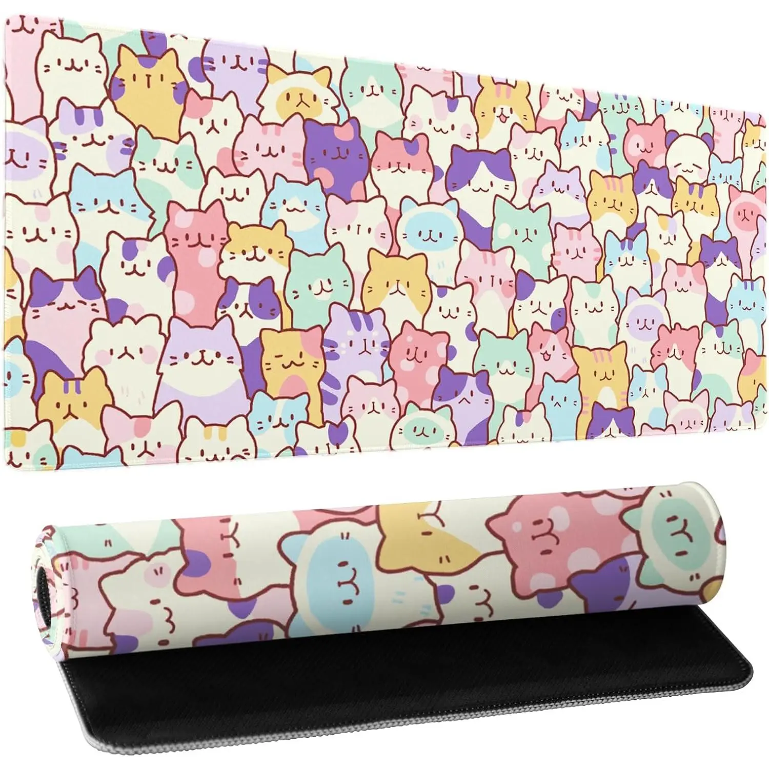 Kawaii Cats Gaming Mouse Pad XL, Cute Anime Kittens Japanese Extended 24in x14in Mat, Non-Slip Rubber Base, Stitched Edge, Desk Accessories for Gamers’ PC/Computer/Laptop, Office & Work Use, Office Desk Accessories