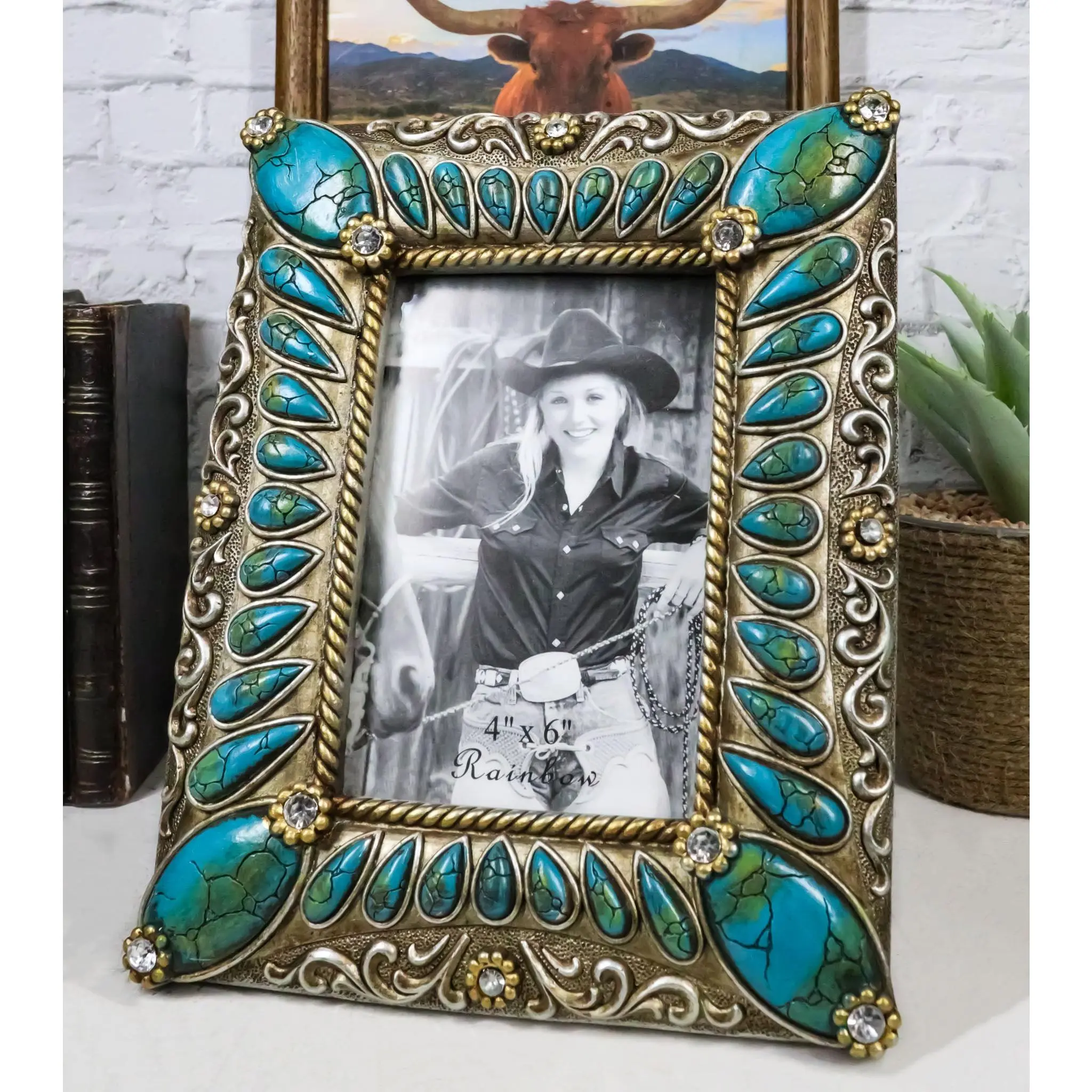 Rustic Western Turquoise Teardrop Gems Scrollwork Patterns 6X4 Picture Frame