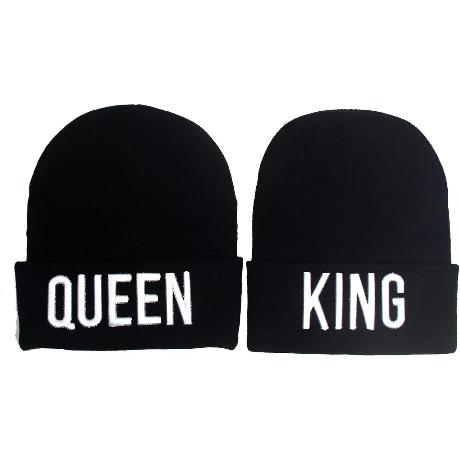 King + Queen Couples Sets Knit Beanie Hats, 2-Pack Unisex Adult Extra Thick Double Layer Soft Acrylic Winter Hats, 21.5 to 24 Inch Free Size, Winter Wear, One Size