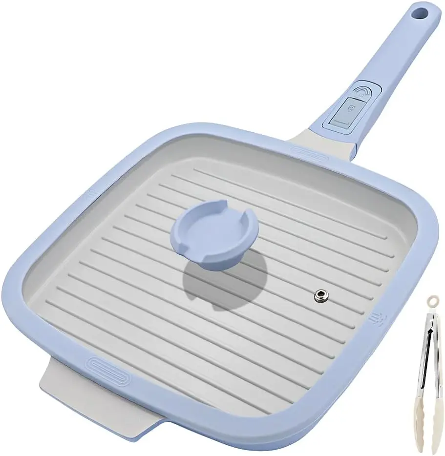 WENZHUO 10 Inch Nonstick Ceramic Griddle Pan with Lid, Detachable Handle, Induction Compatible Steak Pan - Blue