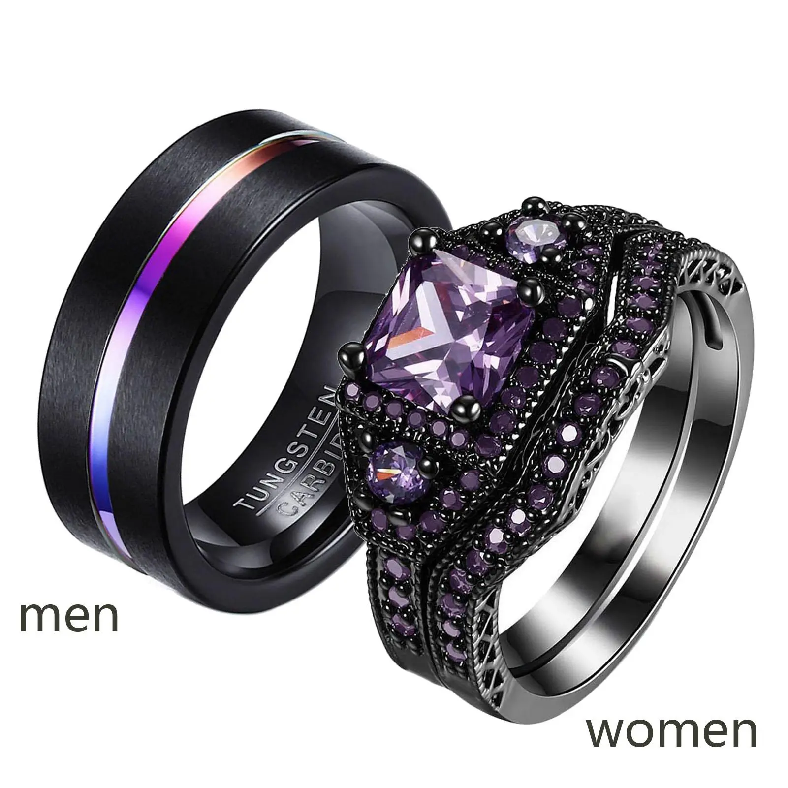 Ringcrown Couple Rings Matching Ring Princess Cut 1ct CZ Black And Purple Women Wedding Ring Sets For Him And Her Ring Sets Men Tungsten Steel Wedding Band