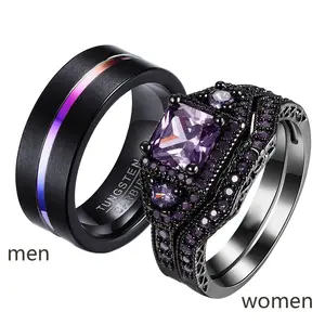 Ringcrown Couple Rings Matching Ring Princess Cut 1ct CZ Black And Purple Women Wedding Ring Sets For Him And Her Ring Sets Men Tungsten Steel Wedding Band