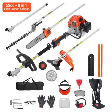 VEVOR 52CC Gas Lawn Tool Kit - 6-in-1 Portable Cutting Equipment with Hedge Trimmer, Weed Eater, String Trimmer, Brush Cutter, Edger, Pole Saw Pruner, Blade, Shoulder Strap, Protective Gear, 40-Min Runtime, Reduces Arm Strain,toolupgrade