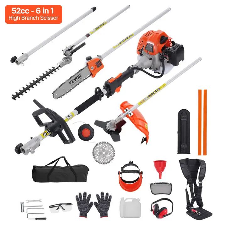 VEVOR 52CC Engine Multi-Use Lightweight Gas Lawn Equipment Kit - 6-in-1 Hedge Trimmer, Weed Eater, String Trimmer, Brush Cutter, Edger, Pole Saw Pruner, Blade, Shoulder Strap, Glove+Ear Protect, Reduces Arm Strain, 40-Min Tank Runtime, Father's Day Gift