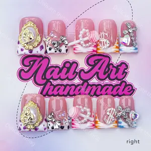 Delicatething Y2K Style Duckbill Nail Set, Handmade Wearable Nails, Nail Art, 4 Sizes XS-S-M-L, Includes Magic Mirror, Cross, French Design, Nail Art Accessories