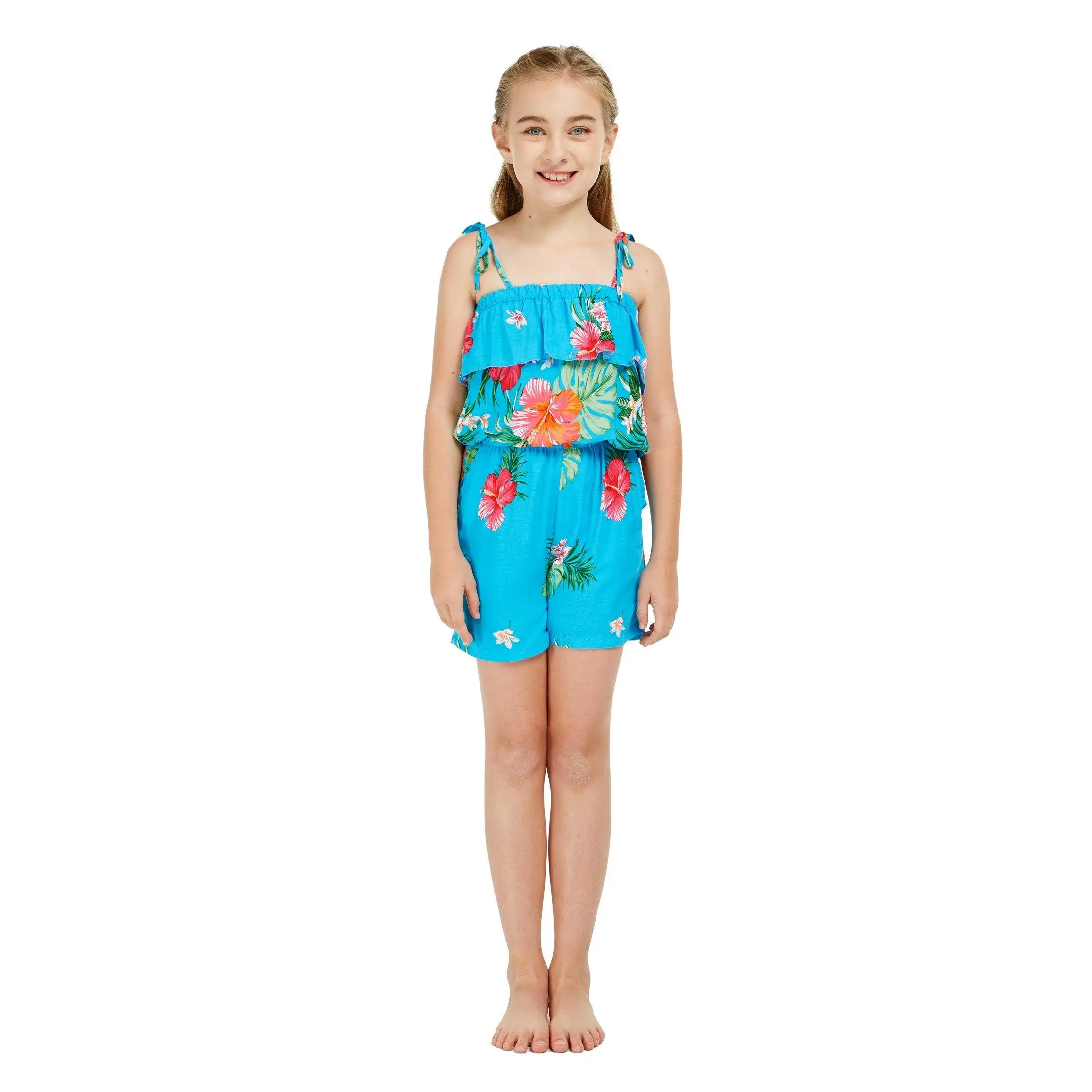 Girl Ruffle Top Jumpsuit Romper in Pretty Tropical Turquoise