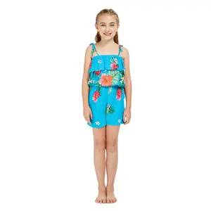 Girl Ruffle Top Jumpsuit Romper in Pretty Tropical Turquoise