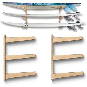 3-Board Surfboard Wall Mount, Premium Bamboo Surfboard Wall Rack, Heavy-Duty Horizontal Storage for Longboards & Shortboards, Fits Boards with Fins & Bindings
