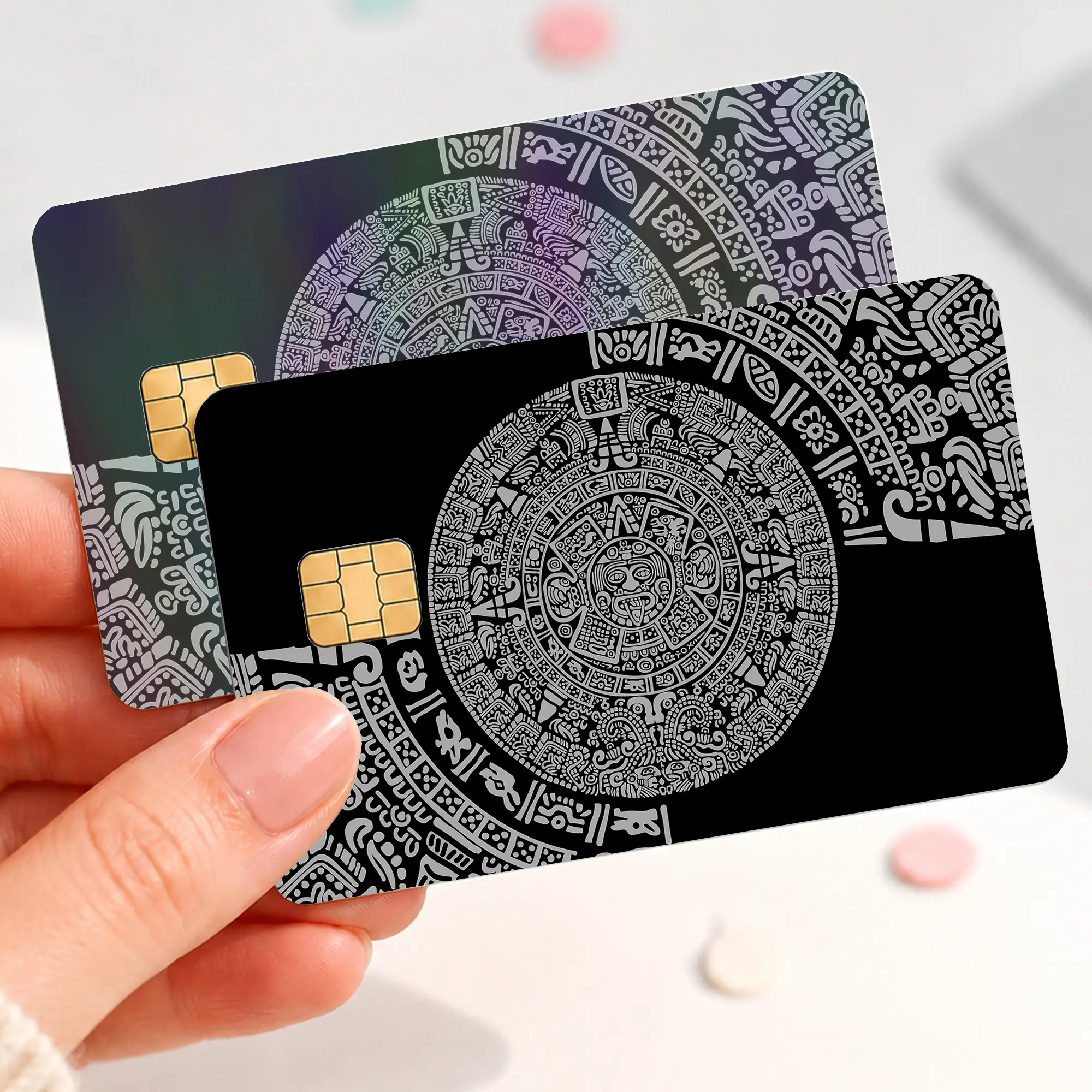Ancient Calendar Credit Card Skin Sticker, Black Silver Tribal Debit Card Cover, Mesoamerican Symbol Bank Card Decal, Mystic Geometric Wallet Wrap Gift