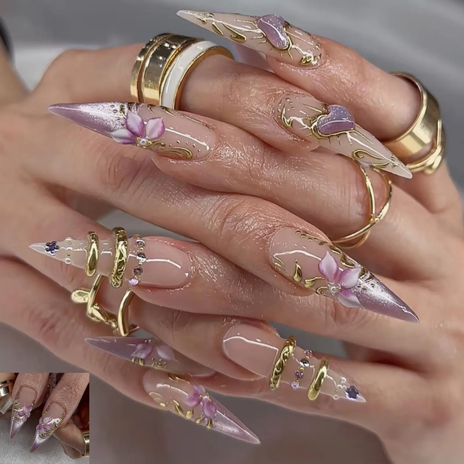 Pink White Floral Press On Nails | Star Charm Y2K Nail Art | Cherry Blossom Floral Nail Art