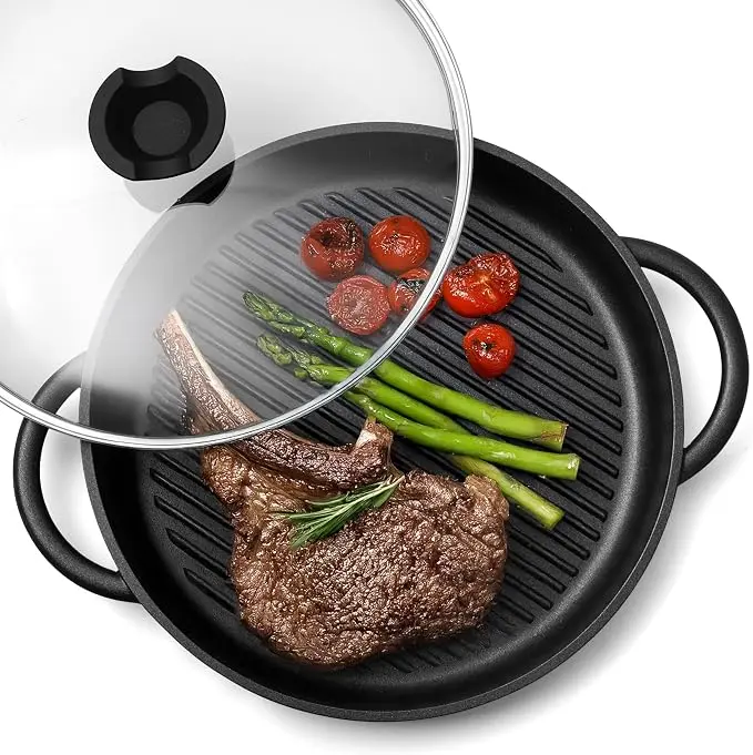 12 Inch Nonstick Grill Pan with Glass Lid, Aluminum Griddle Pan for Indoor Cooking, Stove Top & Induction Compatible, Silicone Handles, Dishwasher Safe, Oven Safe, PFOA Free