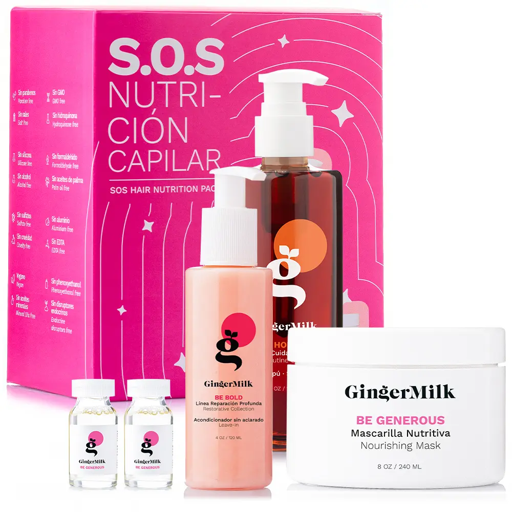 SOS Nutrition Kit | Be Honest Shampoo 9 oz + Be Generous Mask 8 oz + Be Generous Ampoules x3 + Be Bold Leave-In 4 oz | Nourishing & Hydrating Care for Dry, Dull & Lifeless Hair | Ginger Milk