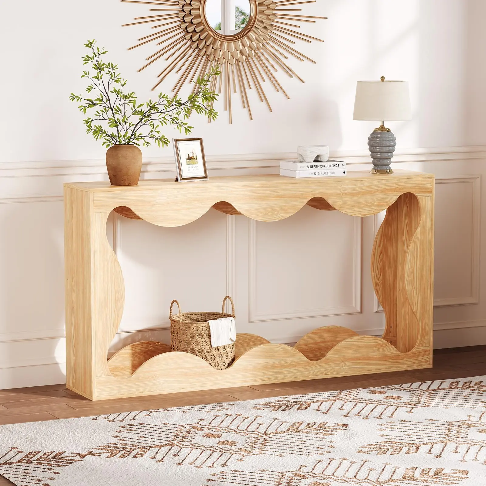 Garvee 63" Rustic Scalloped Edge Rectangle Entryway Console Table - Narrow Engineered Wood Pedestal Base Sofa Table with Storage, Space Saving Furniture for Living Room, Hallway