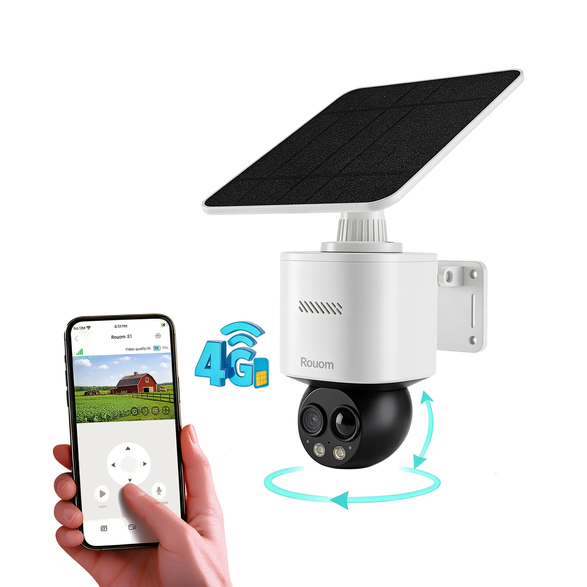 4G LTE 360°Security Camera, No WiFi Needed, Solar Powered, Built-in SIM Card, 2K HD,  Color Night Vision, 355° Pan 140° Tilt,AI Motion Detection, 2-Way Audio, IP66 Weatherproof, for Farm RV Home,, Camera Security, Smartphone