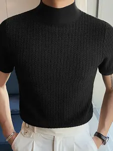 Men's High Neck Knit Sweater, Fitted, Casual Simple Design, Minimalist, Summer Fashion, Knitwear, Water Ripple Pattern, Pure Color, Plain, Style, Menswear