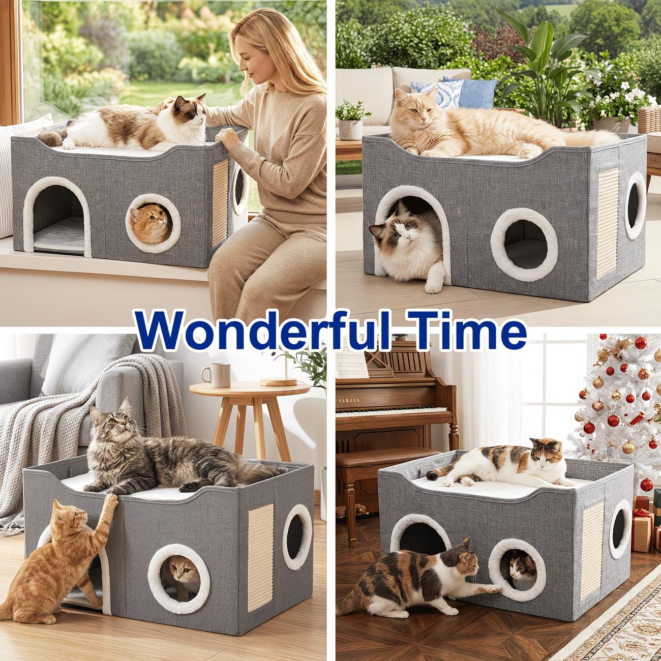 Double-Layer Foldable Cat House | Semi-Enclosed Bed & Sisal Scratcher | For Anxious Cats