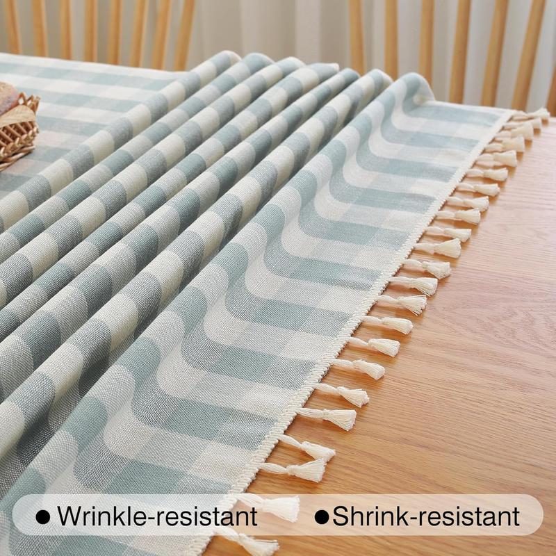 Checkered Tablecloth Rectangle Cotton Linen Fabric Gingham Table Cloth Buffalo Plaid Table Cover with Tassel Wrinkle Free Washable for Kitchen Dining Picnic, Blue and White, 55X55''