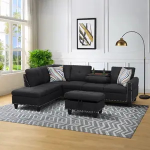 Black Grey Linen 3-Piece Sofa Living Room Sofa Set