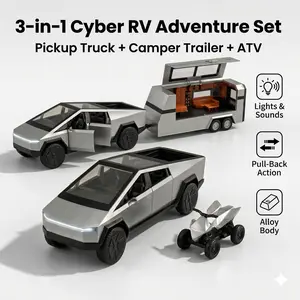 Alloy Diecast Toy RV with Mars Pickup Trailer for Boys - Car Trailer Model with Sound, Lights, Pull Back Feature, Truck and Trailer Toys for Boys, Ideal Gift for Kids and Adults Black Silver