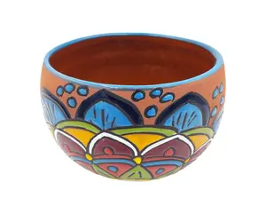 Mexican Talavera Bule Terracotta Planter Pot Hand Painted - Light Blue Trim