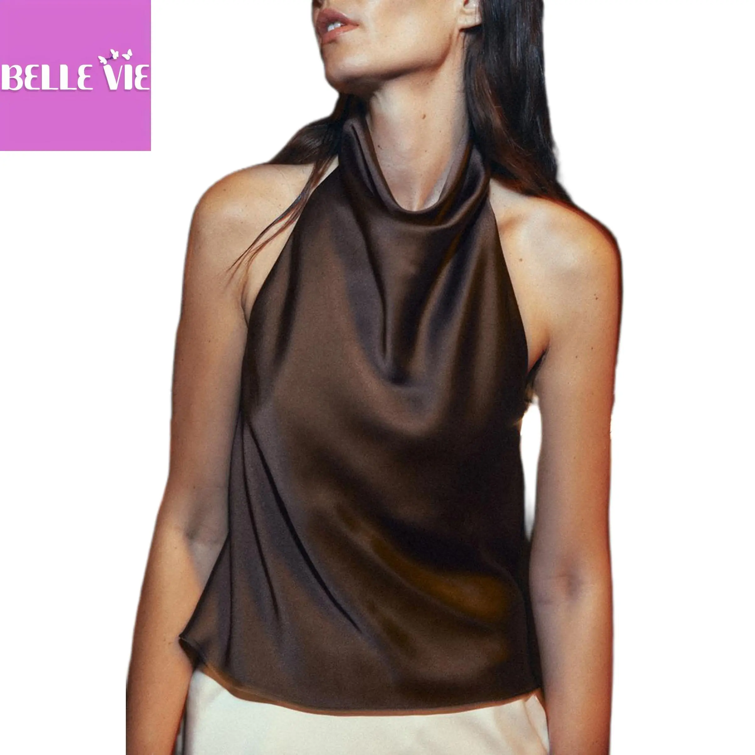 Women´s Summer Halter Neck Vest Sleeveless Open Back Solid Color Satin Tank Tops