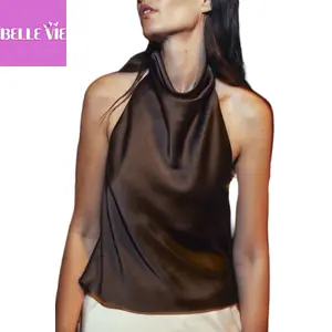 Women´s Summer Halter Neck Vest Sleeveless Open Back Solid Color Satin Tank Tops