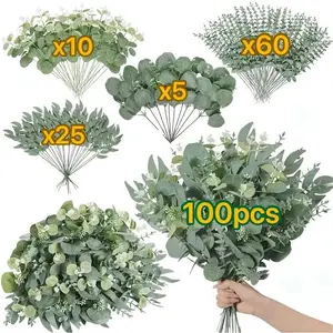100pcs Mixed Eucalyptus Stems & Flowers, 4 Types of Artificial Eucalyptus Leaves, DIY Bouquet Decor, Decorative Flower Arrangement, Home Decoration, Wedding Christmas, Bouquet Decorations