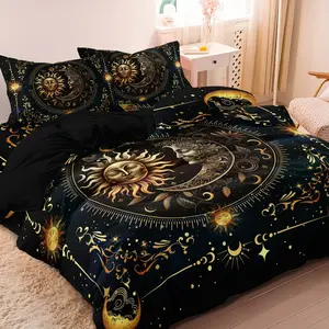 3-Piece Moon & Sun Print Bedding Set (1 Fitted Sheet + 2 Pillowcases), Polyester Fiber 90g, Home Bedroom Decoration Supplies