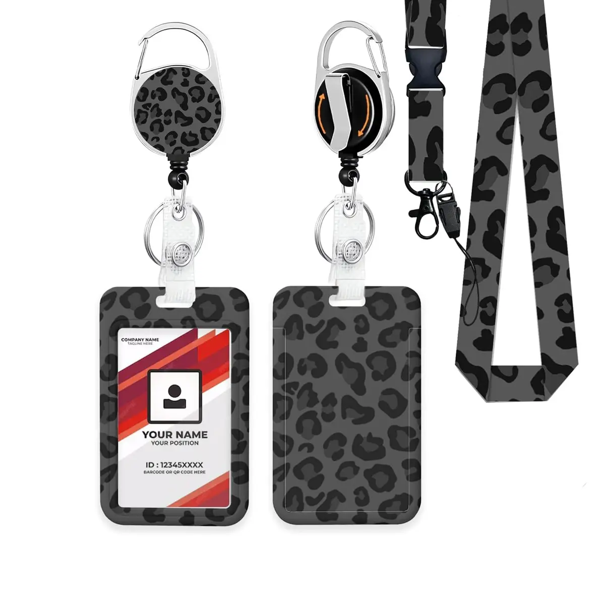 Teacher ID Badge Holder Set with Lanyard and Card Case, Rotatable Clip, Durable Keychain, Removable Vertical Name Tag, Badge Reels Retractable, Leopard Print, Lanyards with Id Holder, Retractable Badge Holders