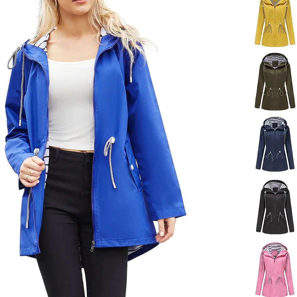 Women's Waterproof Long Sleeve Raincoat, Medium Length, Striped Hooded Raincoat, Fashionable Cross-Size Women.