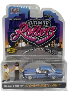 DGA x Greenlight Homie Rollerz 1970 Chevrolet Monte Carlo Blue Diecast Metal 1/64 Scale with Mr. Grins & Tree Top Collectible Figures