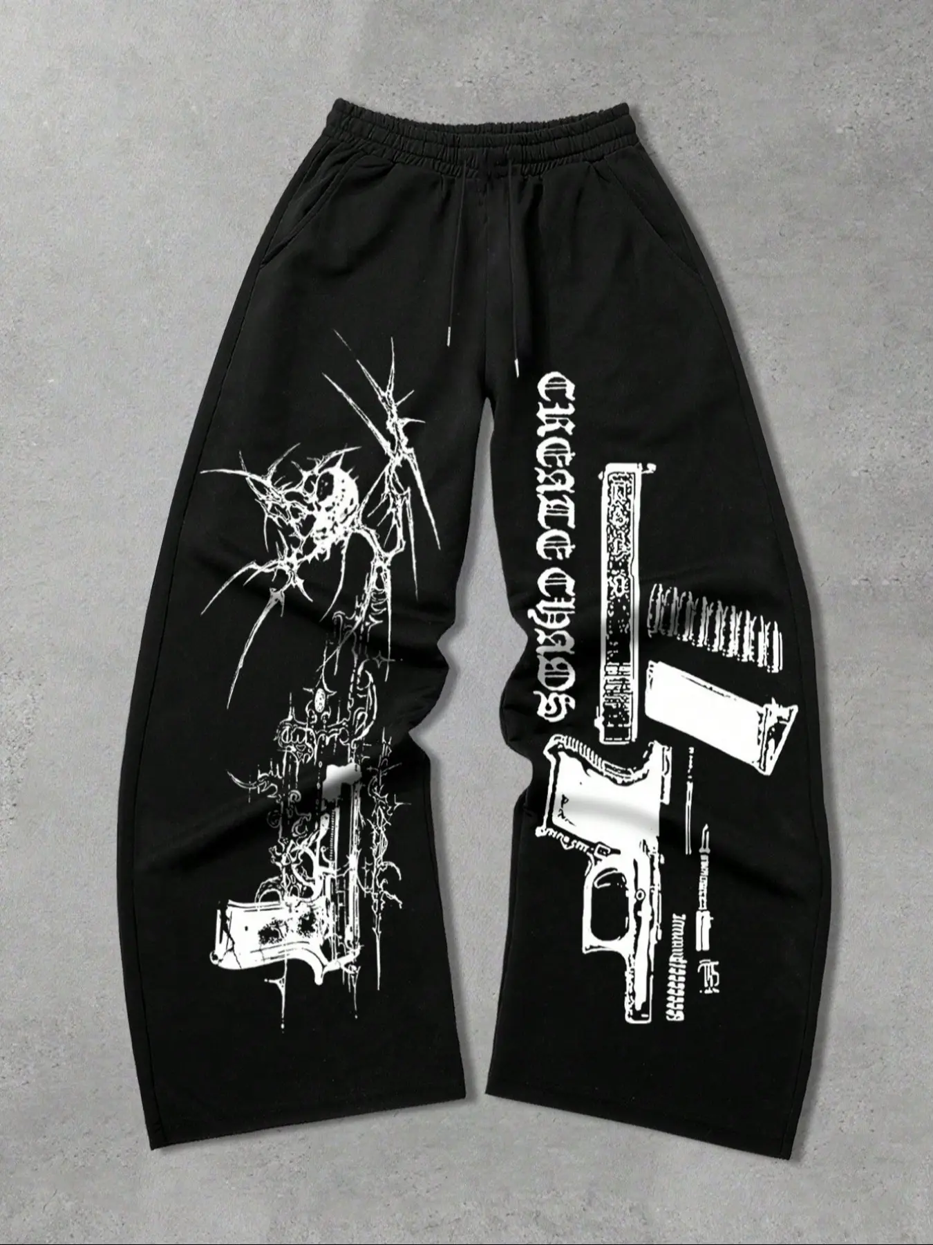 Men's Casual Sporty Long Pants, Machine Gun Print Unique Graphic Adjustable Drawstring Wide Leg Joggers, All-Season Loose-Fit Men's Clothing, Wide Sweatpants, Sports Pants
