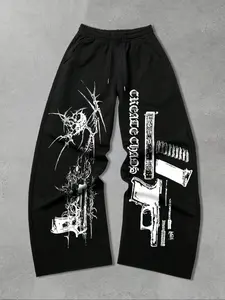 Men's Casual Sporty Long Pants, Machine Gun Print Unique Graphic Adjustable Drawstring Wide Leg Joggers, All-Season Loose-Fit Men's Clothing, Wide Sweatpants