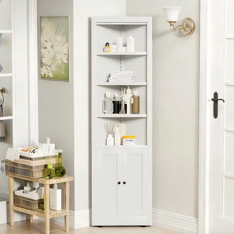 Corner Storage Cabinet, 70.9" Tall Bathroom Corner Cabinet with Doors & Adjustable Shelves, Freestanding Triangle Storage Organizer Bookshelf for Living Room, Kitchen, White